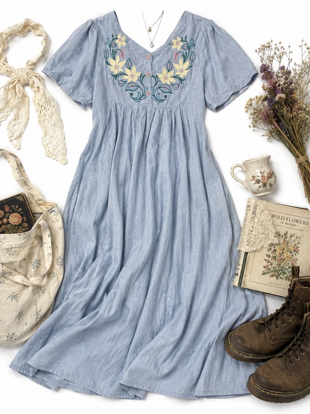 Vintage Light Blue Embroidered denim/chambray V-Neck Maxi/midi Dress